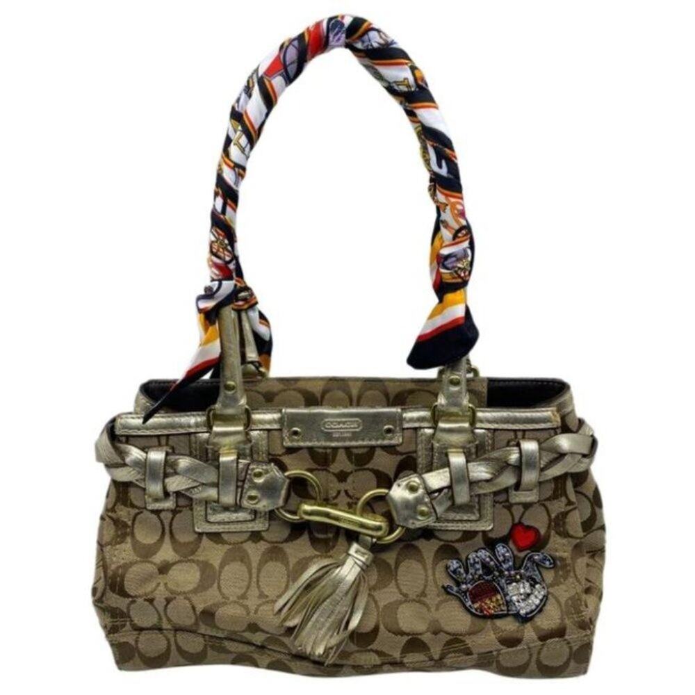 Coach Tan Silver Hand Bag Customized Embellishment